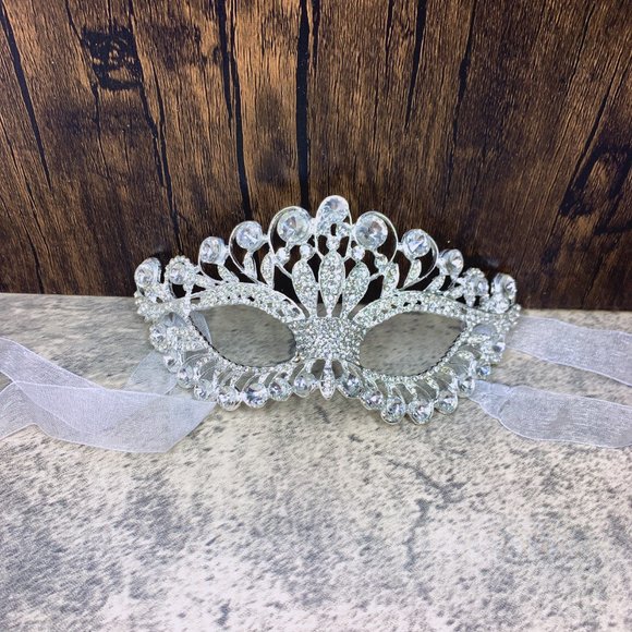 Silver Masquerade Mask, Crystal Mask Rhinestone, Venetian, Party, Pageant, Prom - Picture 2 of 4